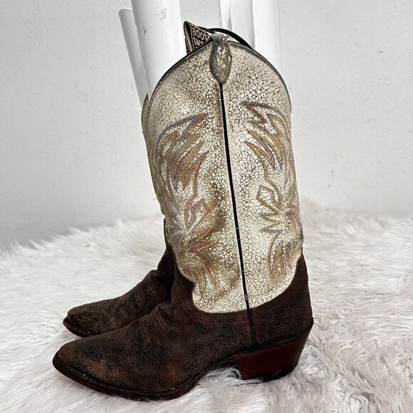 Justin Boots Women’s Western Cowboy Boots Sz 5.5B Distressed Leather Cream Brown - Picture 4 of 11